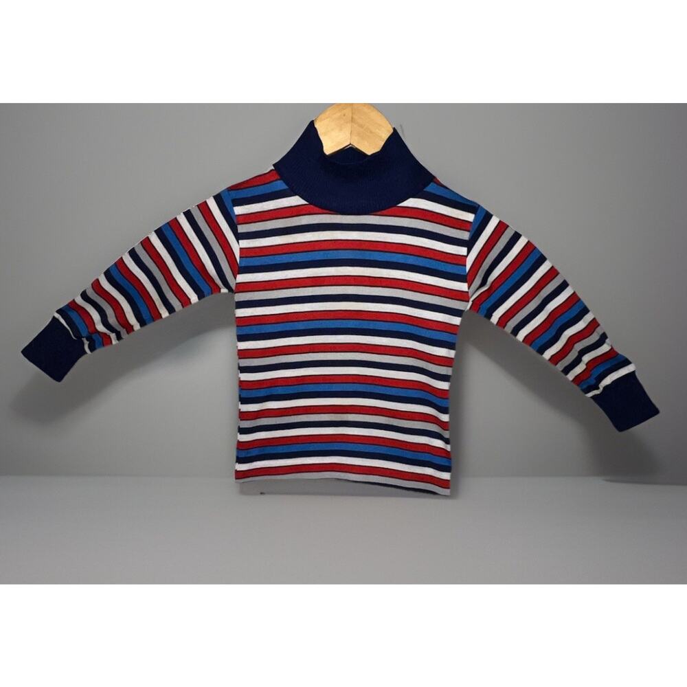 Vintage Health-tex Boys 4T Striped Turtleneck Shirt Navy Red Gray Retro 70s 80s